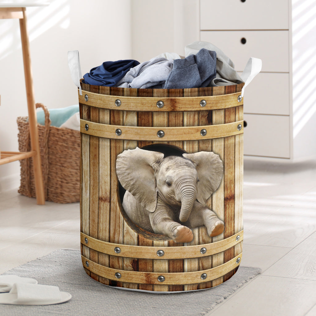 Elephant Wooden Barrel Laundry Basket All Over Print Toy Clothes Storage Basket Dirty Clothes Basket