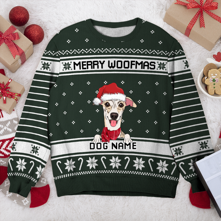 Whippet Merry Woofmas Personalized Sweater, Dog Ugly Christmas Sweater