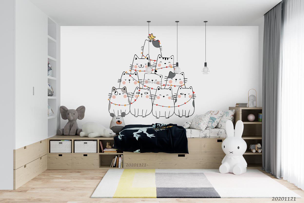 3D Cartoon Animal White Cat Wall Mural Wallpaper Lqh 29