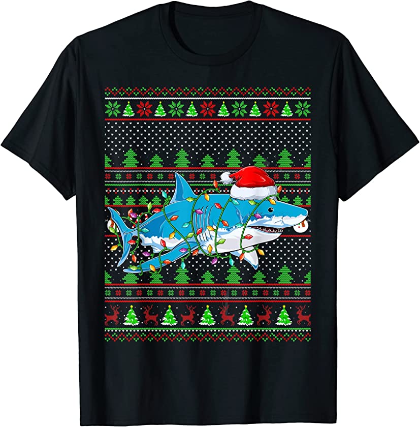 Ugly Xmas Sweater Style Lighting Shark Fish Christmas T-Shirt