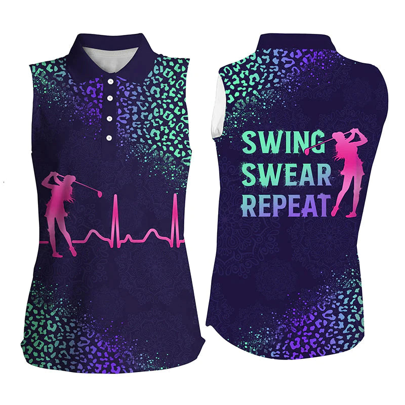 Women’S Sleeveless Golf Polo Shirt Golf Heartbeat Swing Swear Repeat Purple Gradient Leopard Pattern