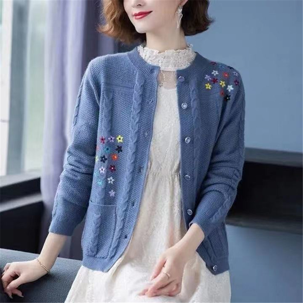 Women Solid O-Neck Casual Mom Sweaters Single Breasted Knitted Coat Fashion Embroidered Spring Autumn Sweater Jacket Cardigan alx