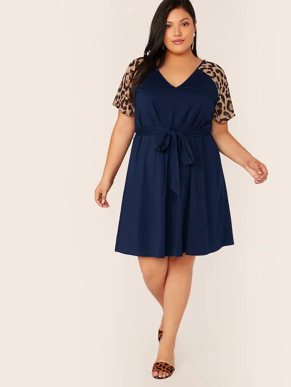 Women Plus V-Neck Leopard Raglan Sleeve Belted Dress