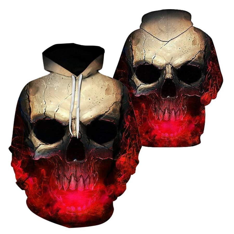 3D Effect Skull Print Pullover Hoodie Red HC0605