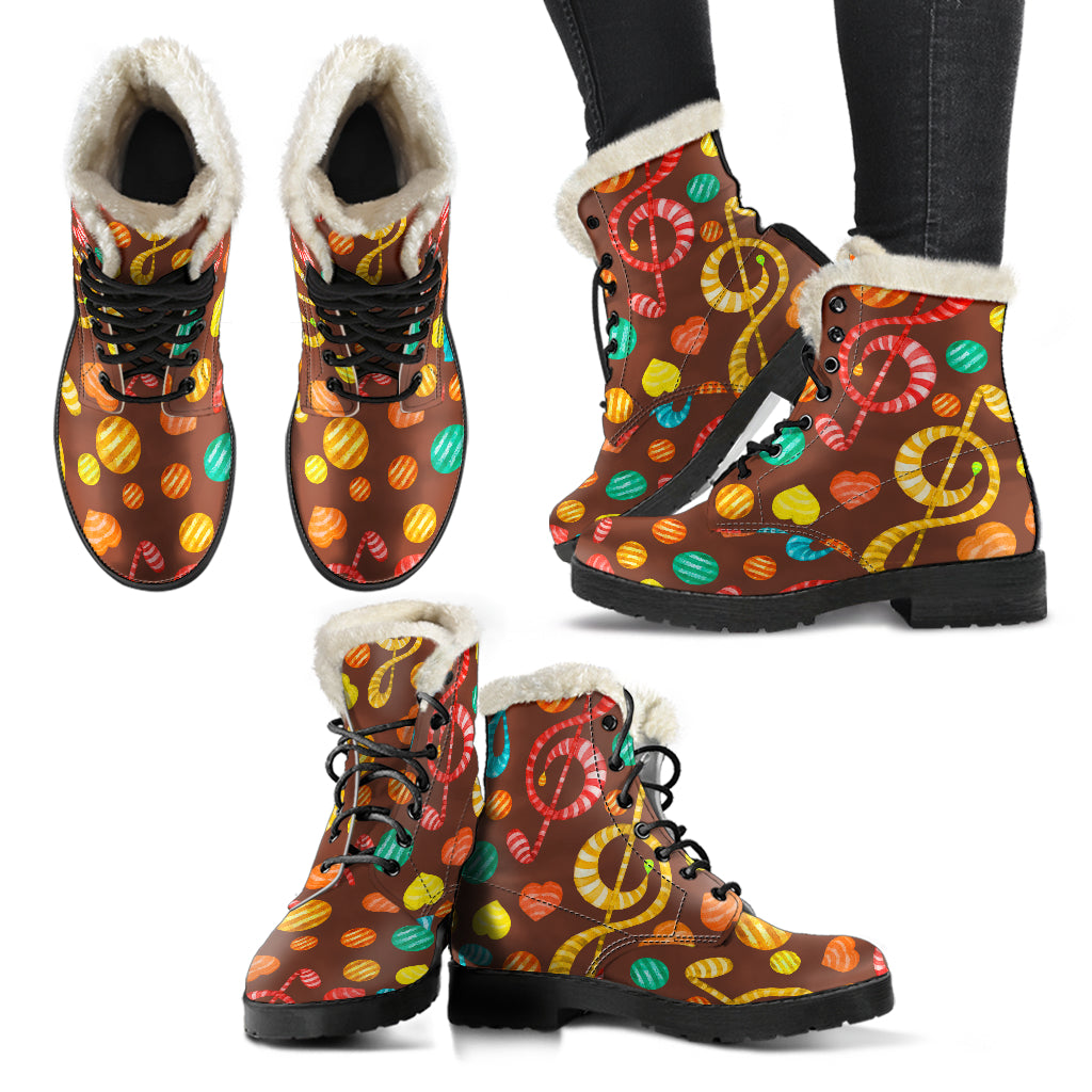 Music Notes Candy Design Faux Fur Leather Boots Winter Shoes