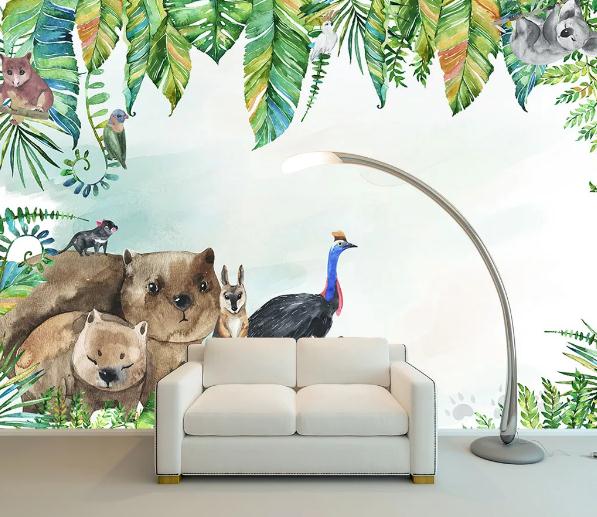 3D Watercolor Animals Leaves Wall Mural Wallpaperpe 316