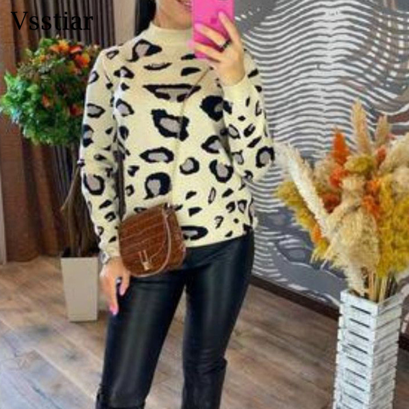 Vsstiar Casual Leopard Printed Sweater Women Turtleneck Knitted Oversized Autumn Winter Crop Top Vintage Fashion Loose Pullovers alx