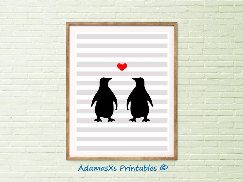 Penguin Printable Pinguin, Red Heart, Animal Illustration Print, Love Nursery Poster