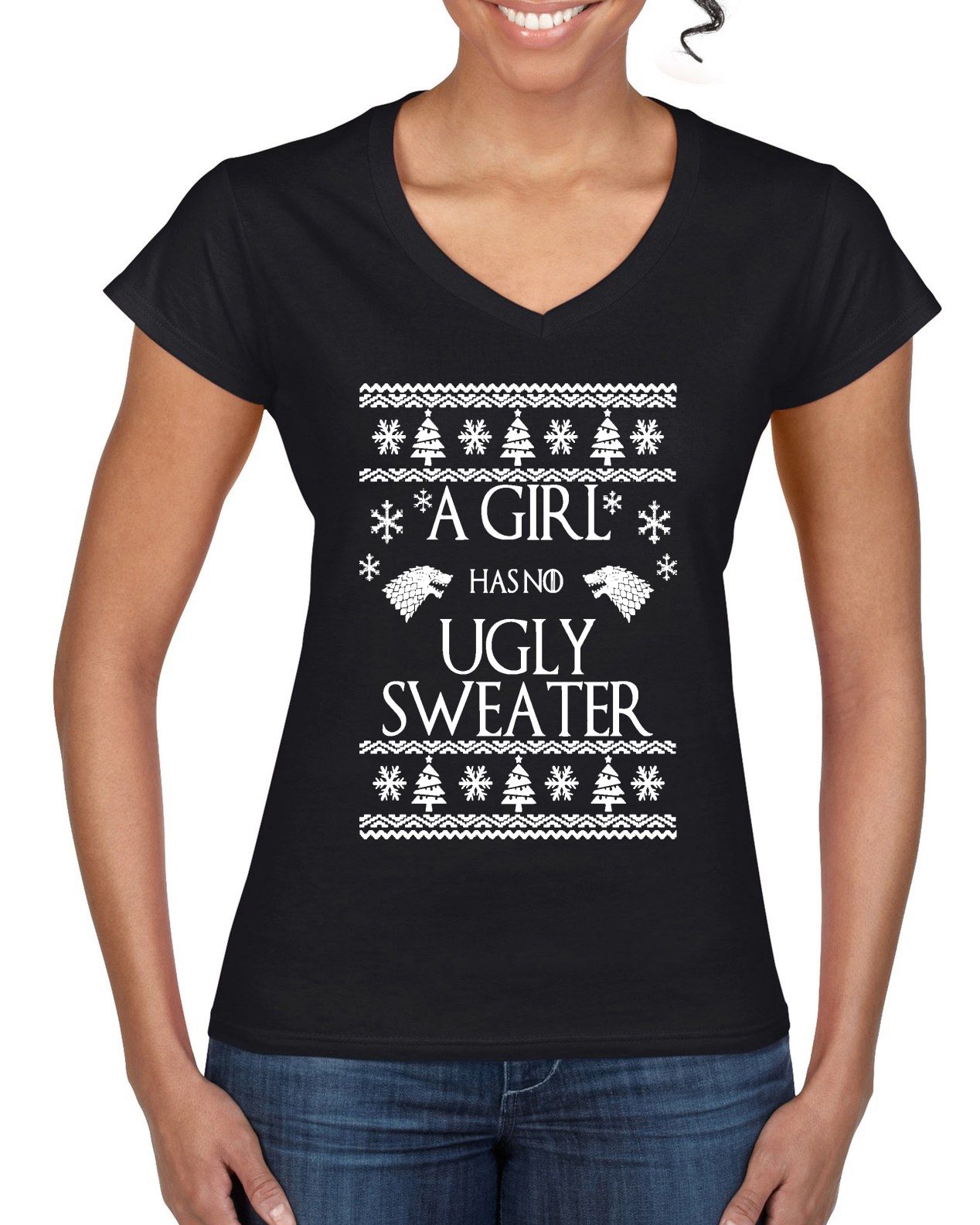 Wild Bobby, A Girl Has No Ugly Sweater Ugly Christmas Sweater Womenâ€™S Standard V-Neck Tee, Black, Small