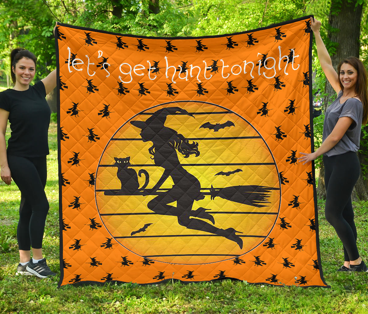 Halloween Premium Quilt | Witch On Broom And Cat Silhouette Patterns Quilt Blanket