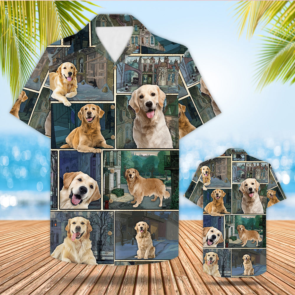 Love Golden Retrievers Cartoon Urban Background 3D All Over Print Hawaiian Shirts For Dog Lovers Ht95 Lihd