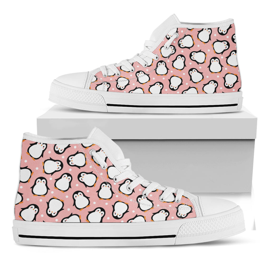 Pink Polka Dot Penguin Pattern Print White High Top Shoes