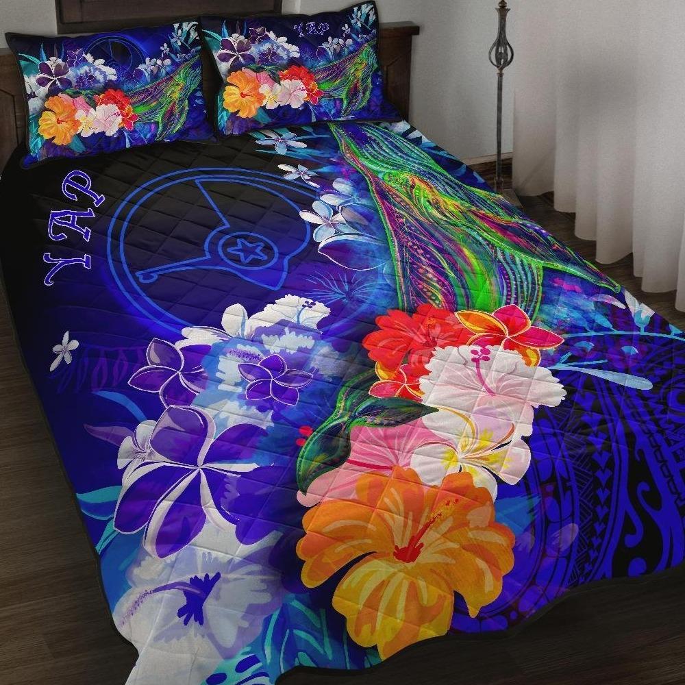 [Custom Personalised] Yap Quilt Bed Set – Humpback Whale With Tropical Flowers (Blue)