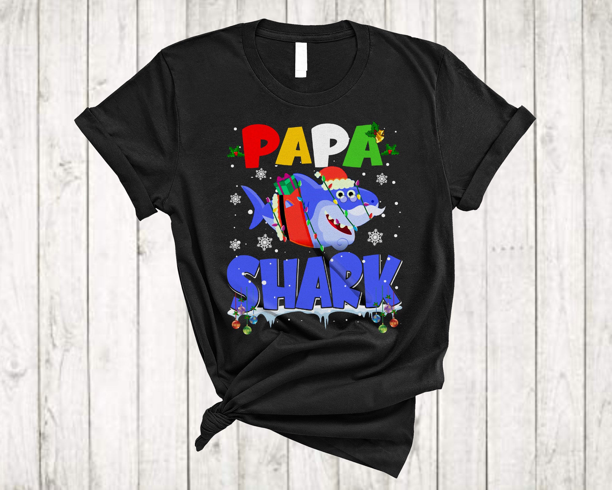 Christmas Shark Shirt Papa Shark Cute Christmas Light Santa Shark Matching Family Group Gifts T-Shirt