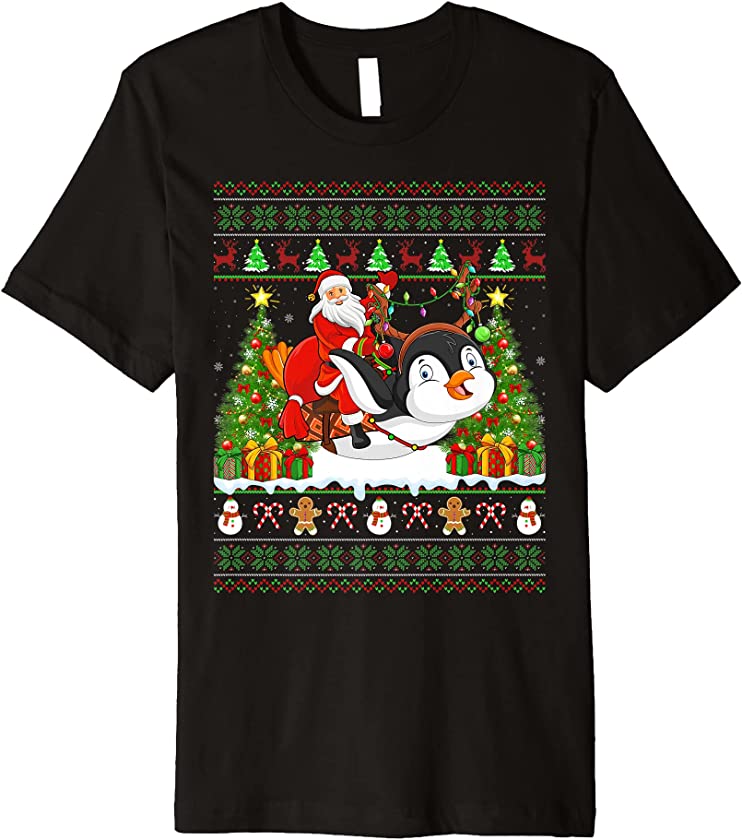 Penguin Bird Lover Funny Ugly Santa Riding Penguin Christmas Premium T-Shirt