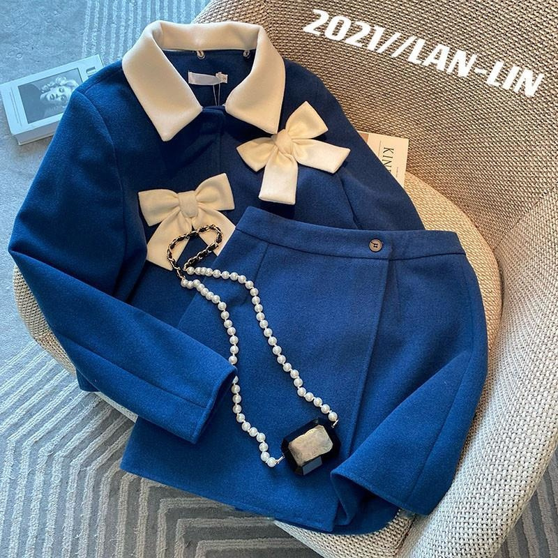 Small Fragrance Temperament 2022 Fall Bow Woolen Jacket Short Cardigan Mini Blue Skirts Sets Two Piece Outfits Korean alx