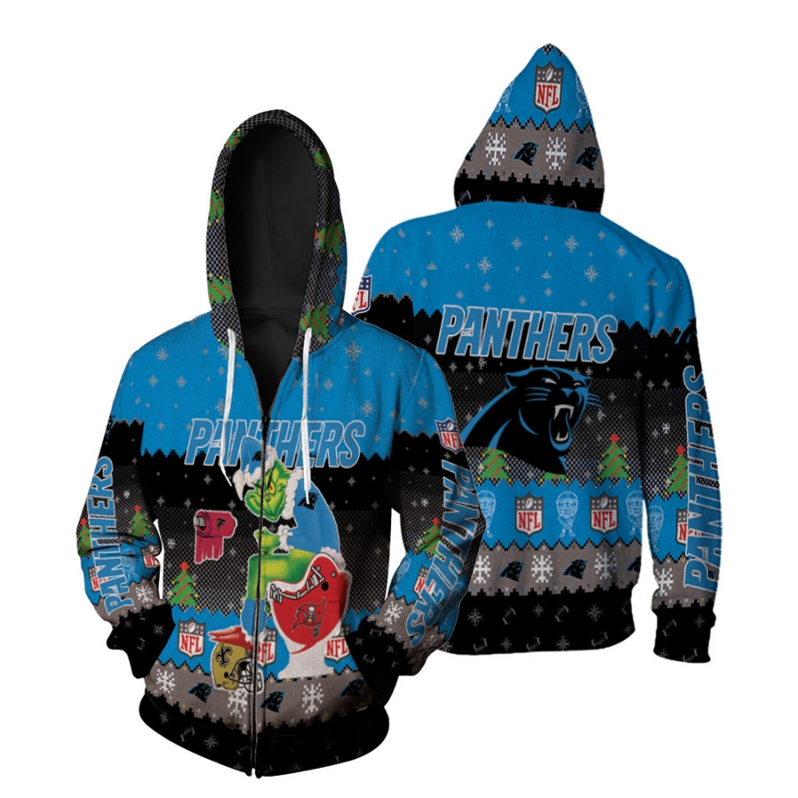 Santa Grinch Carolina Panthers Sitting On Buccaneers Falcons Saints Toilet Christmas Gift For Panthers Fans Zip Hoodie