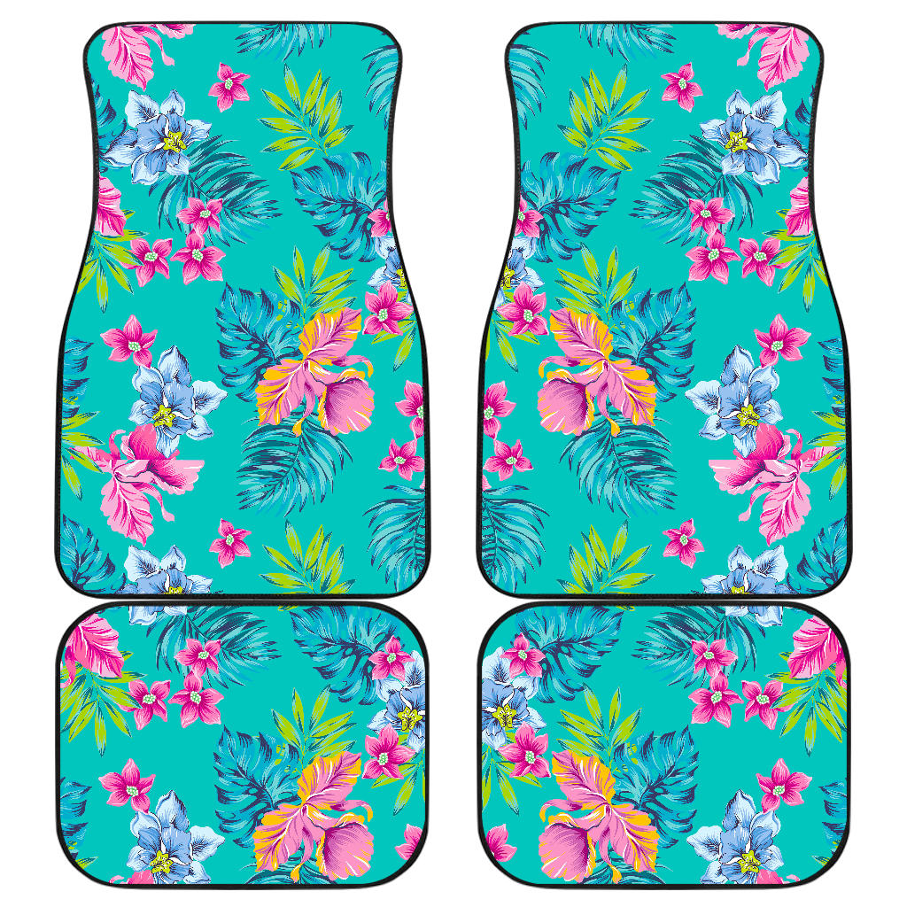 Teal Aloha Tropical Pattern Print Front And Back Car Floor Mats, Front Car Mat