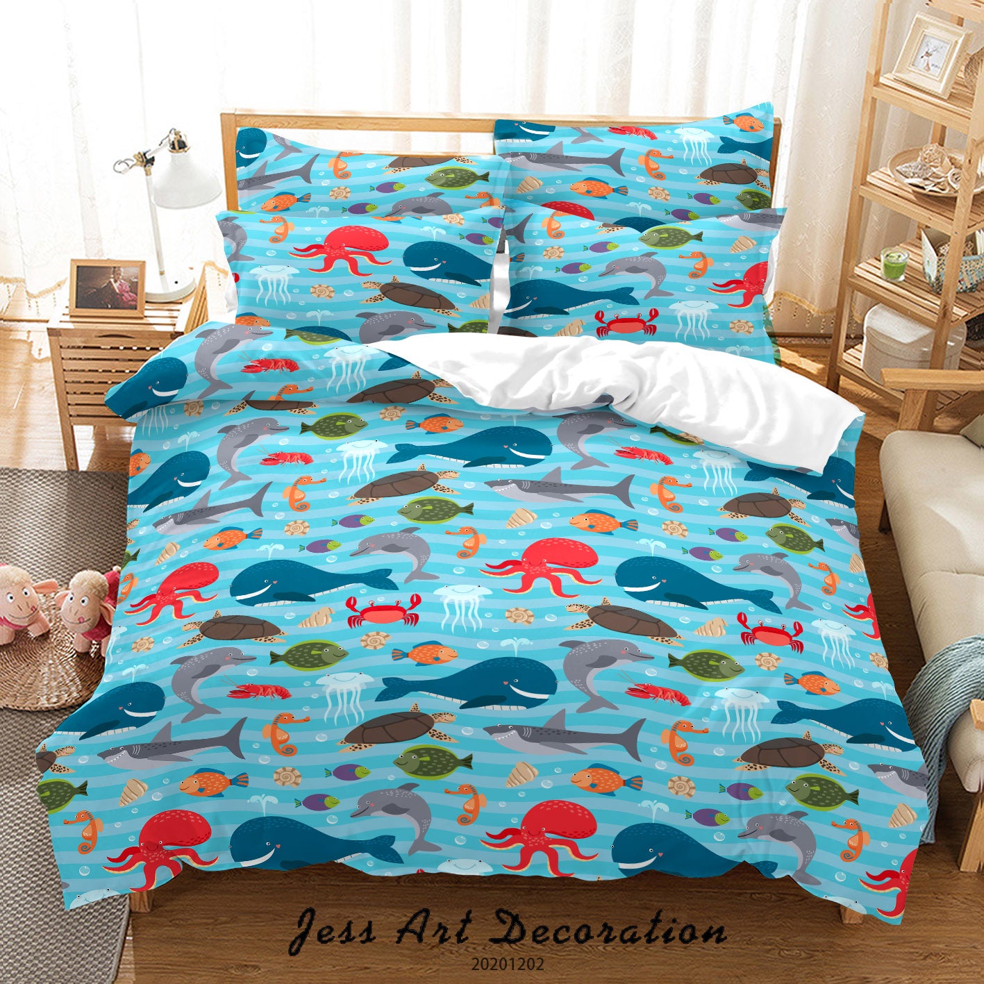 3D Cartoon Hand Drawn Colorful Ocean Shark Whale Crab Fish Quilt Cover Set Bedding Set Duvet Cover Pillowcases Lxl