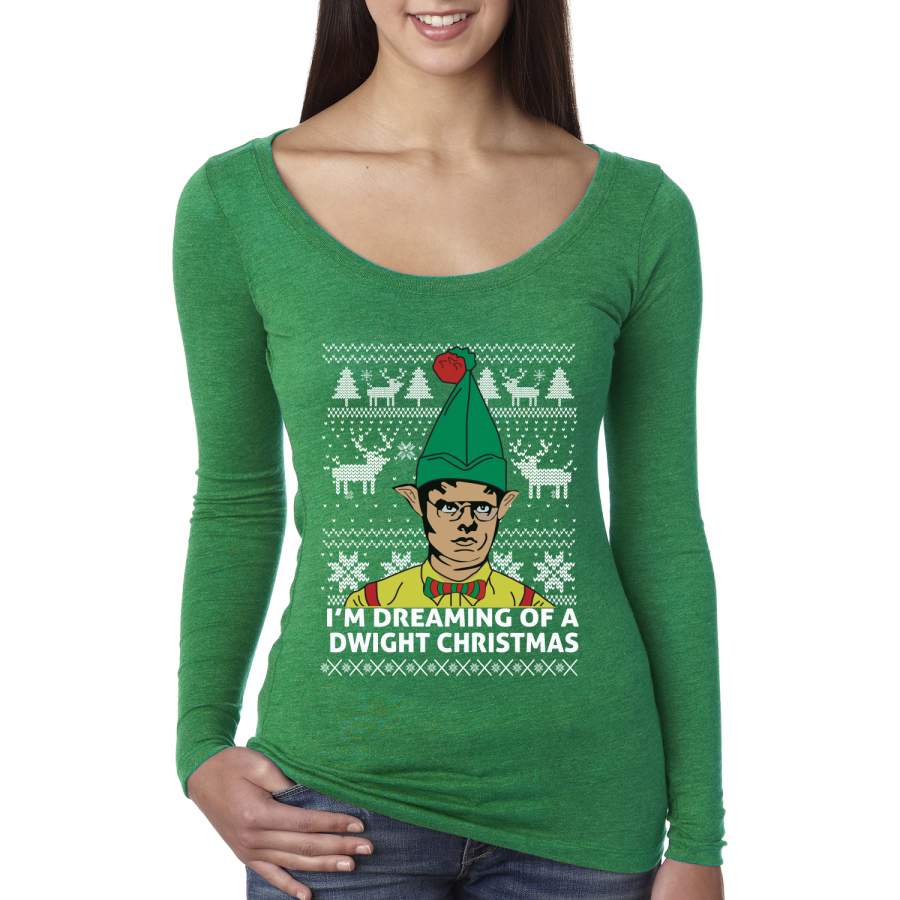 The Office Dwight Dreaming Of A Dwight Christmas Ugly Christmas Sweater Womens Scoop Long Sleeve Top