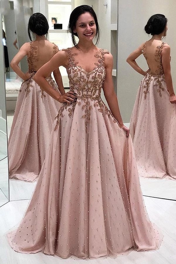 Sweetheart Amazing A-line Appliques Pearls Prom Dresses Long Illusion Backless Floor Length Evening Gown Pink Prom Dress alx