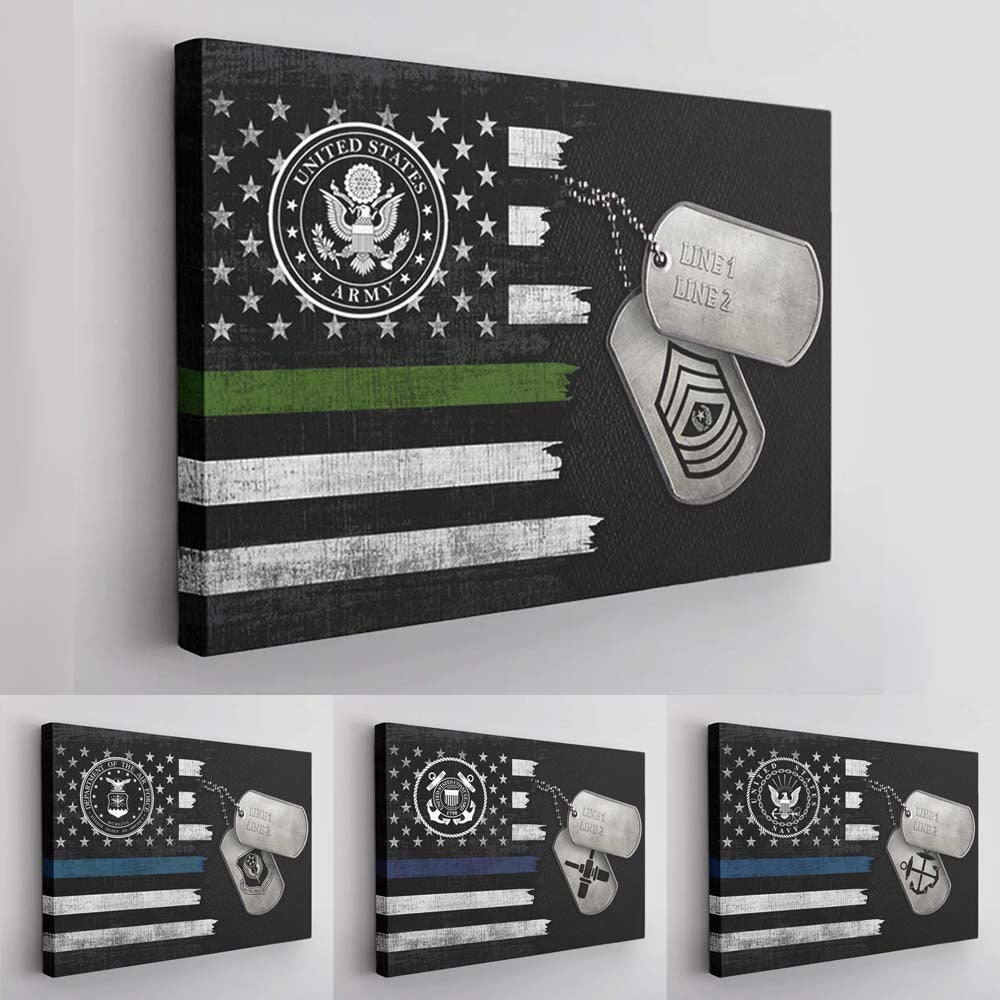 Personalized Canvas 1.5In Frame – Black/White Usa Flag With Military Ranks/Insignia – Personalized Name & Ranks D08