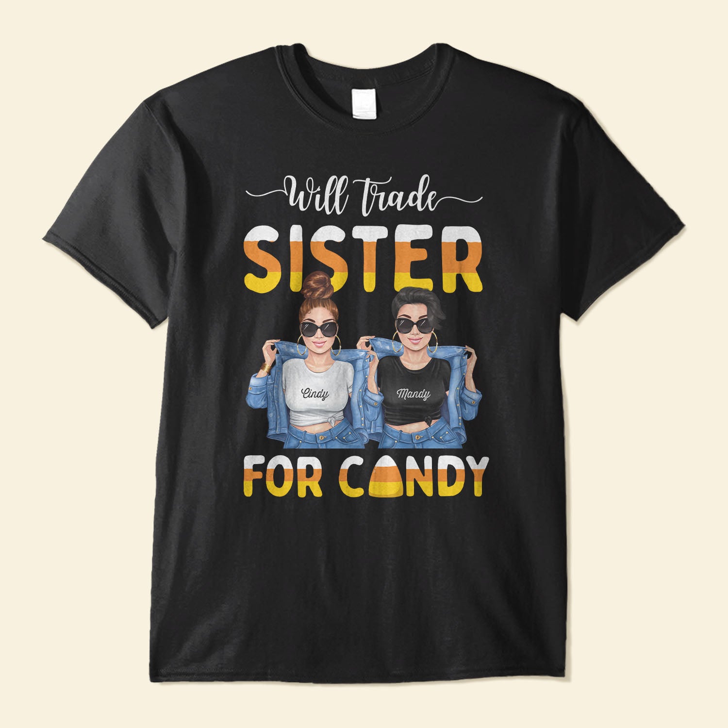 Will Trade Sister For Candy – Personalized Shirt – Halloween Gift For Sisters, Besties – Denim Girls