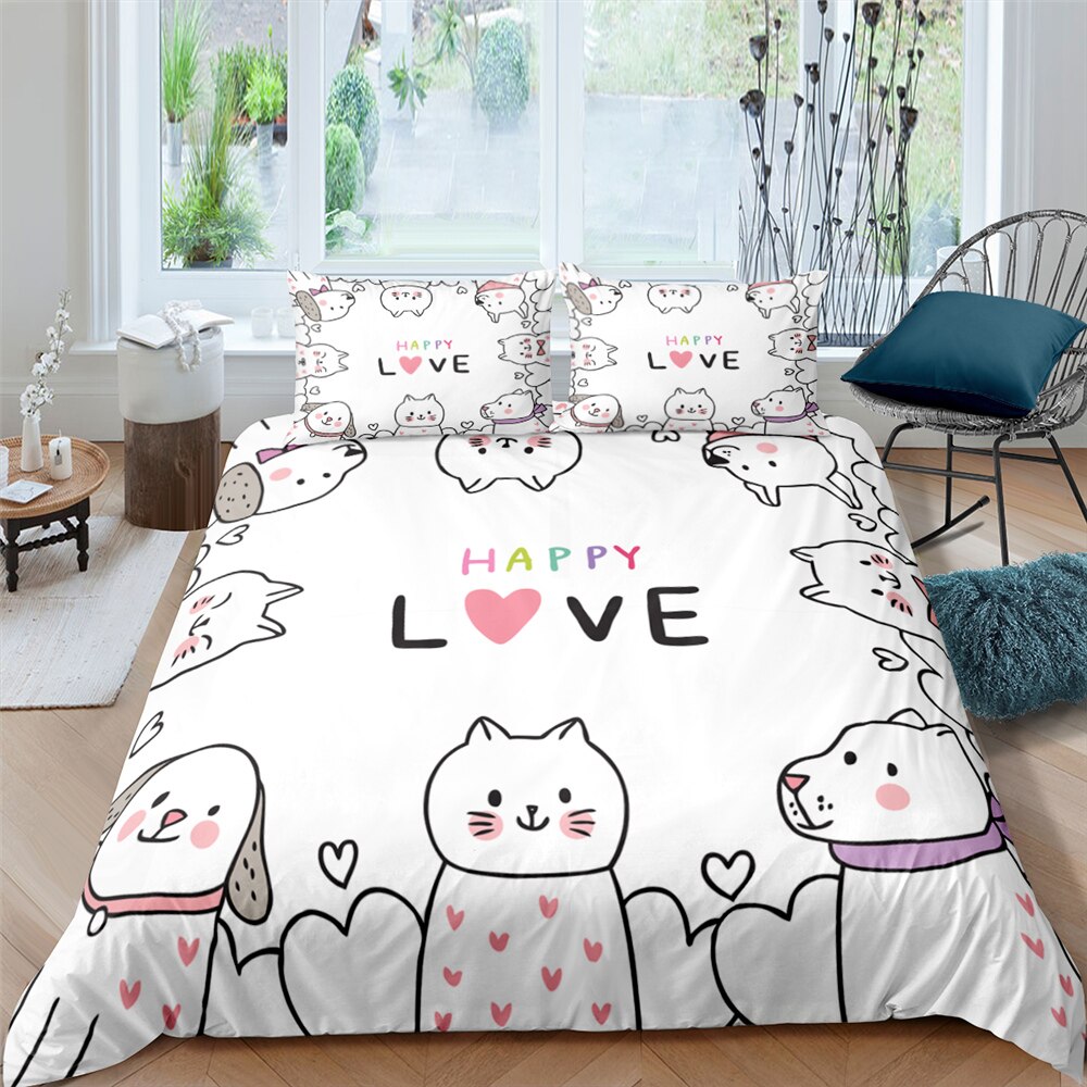 Cute Kitty 3D Bedding Set Duvet Cover With Pillowcase Bed Cover Qulit Cover Cat Puppy Pattern