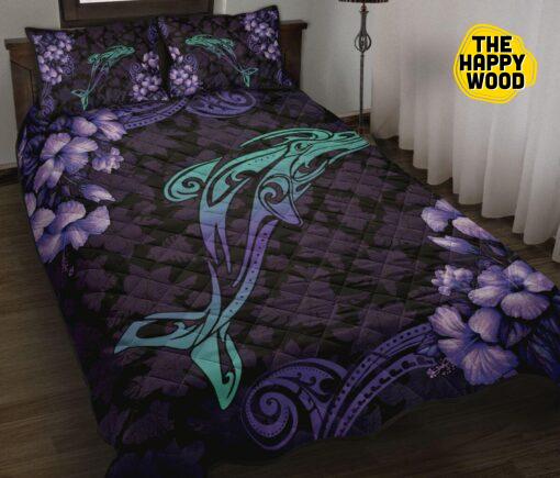 Dolphin Tribal Flower Purple Style Quilt Bed Set And Pillow Covers