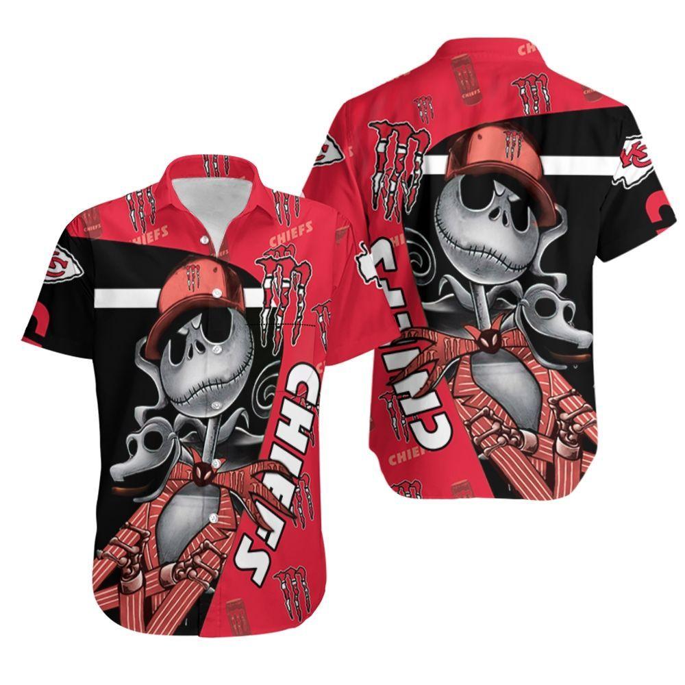 Beach Shirt Jack Skellington Monster Energy Logo Kansas City Chief Hawaiian Shirt