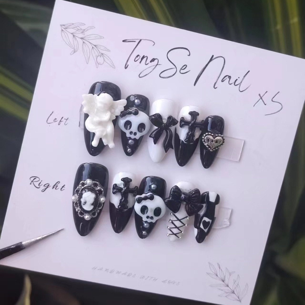 Cute Black Skull and Angel cobweb Punk Cool & Cute Cross Handmade Press On Nails/ Fake nails/ Halloween nails/Spooky nails #162