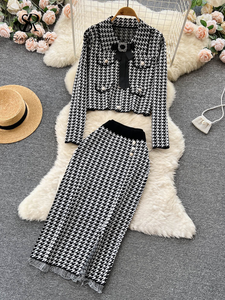 SINGREINY Houndstooth Winter Knitted Suits Bow Short Coat+High Waist Tassel Midi Skirt 2022 Women Retro Sweater Two Pieces Sets alx