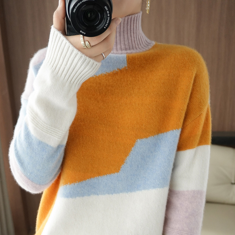 Autumn and Winter New Sweet color matching 100% Pure Wool Sweater half turtleneck Pullover knitted Cashmere Sweater for Women alx