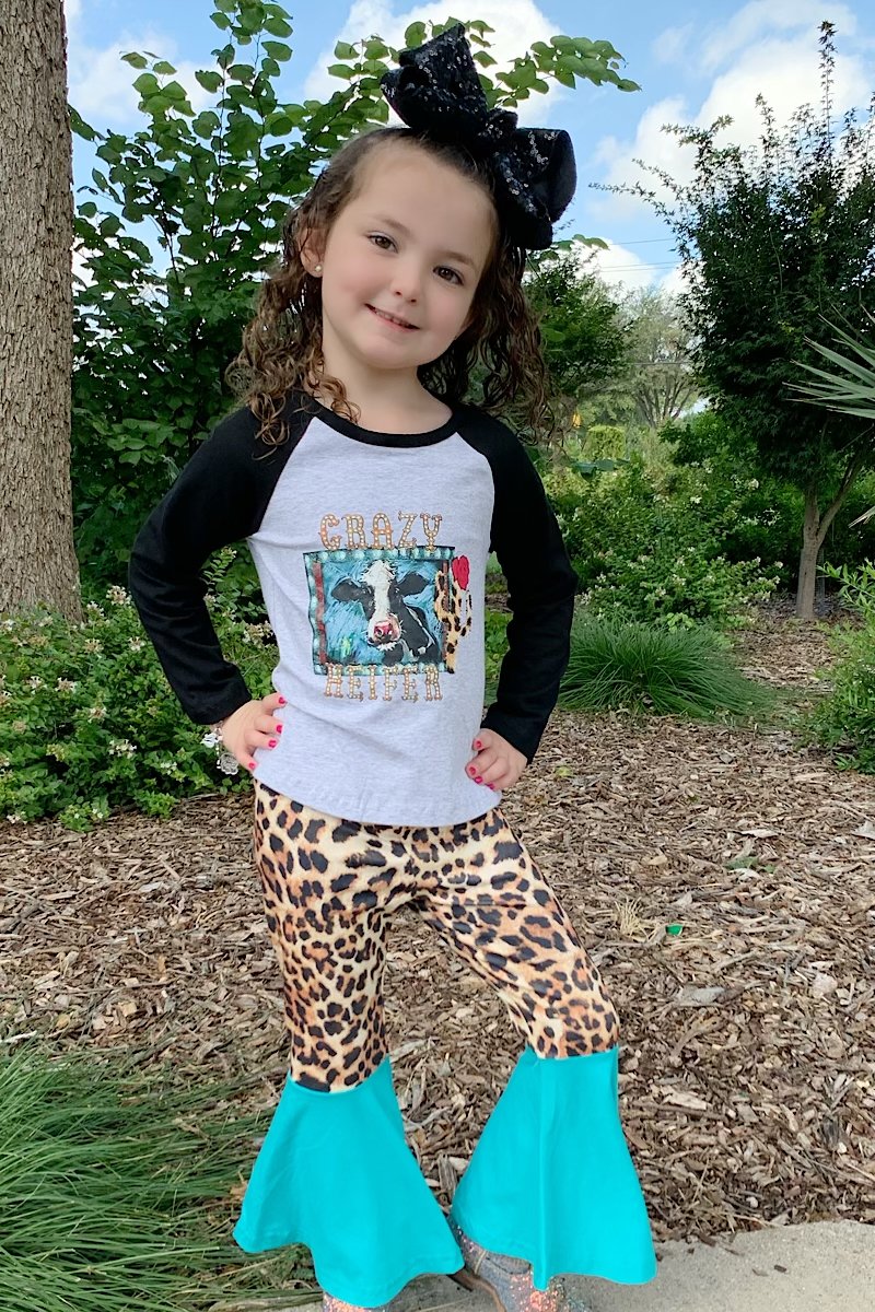 Youth Baby Crazy Heifer Long Sleeve Top With Leopard Printed Bell Pants Set