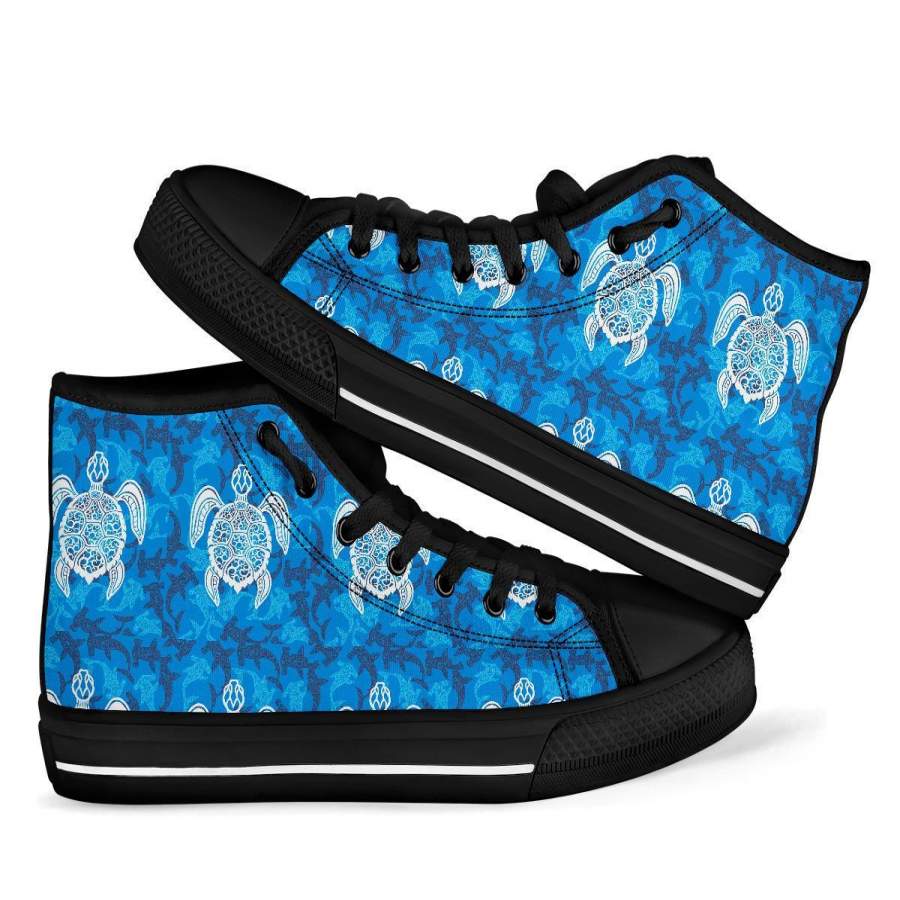 Blue Hawaiian Shark Sea Turtle Pattern Print Men Women’s High Top Shoes