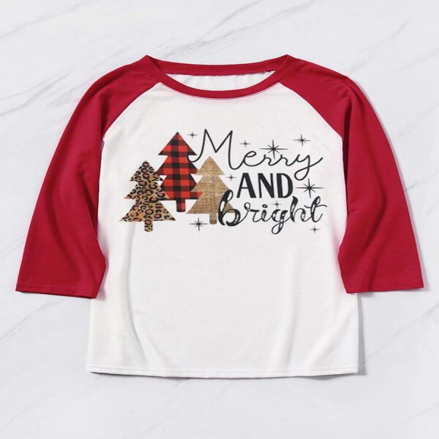 Plaid Leopard Christmas Merry And Bright Baseball T-Shirt Tee