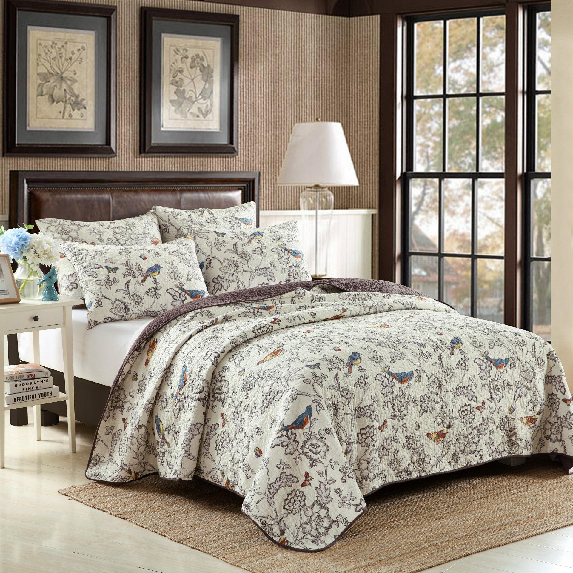 Cotton Floral Quilt Coverlet Set King Flower Birds Printed Reversible Quilt Bedspread Set 3 Piece Home Antique Chic Luxury Set