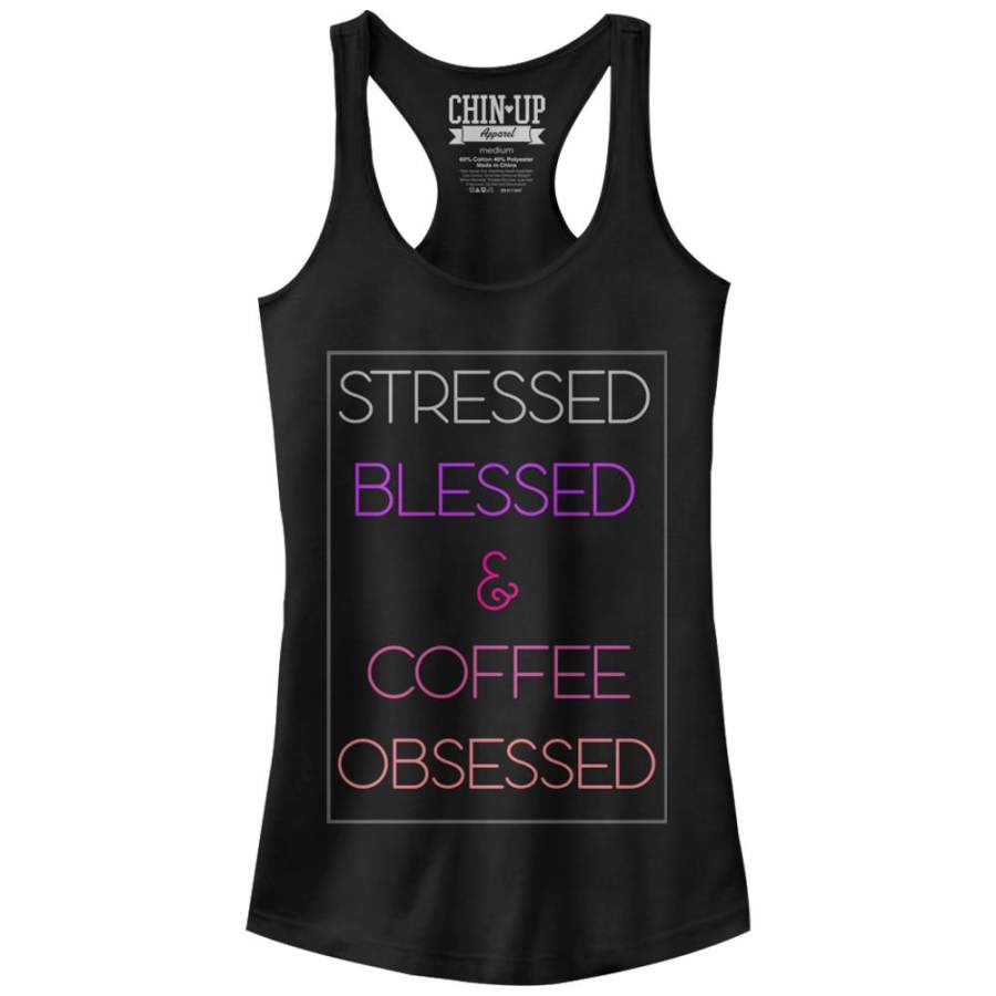 CHIN UP Junior’s Stressed Blessed Coffee Obsessed  Racerback Tank Black