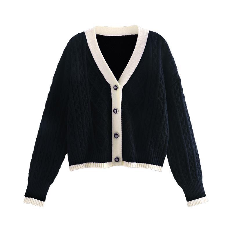 Cardigan Women V-neck Patchwork Cropped Spring Elegant Retro French Style Simple All-match Daily Feminine Sweaters Jumper Cozy alx