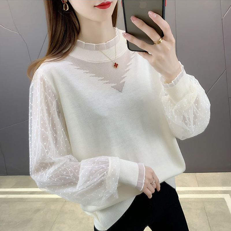 Spring Autumn Korean Style Mesh Patchwork Hollow Out Knitting Jumper Female Round Neck Sweater Temperament All-match Pullover alx