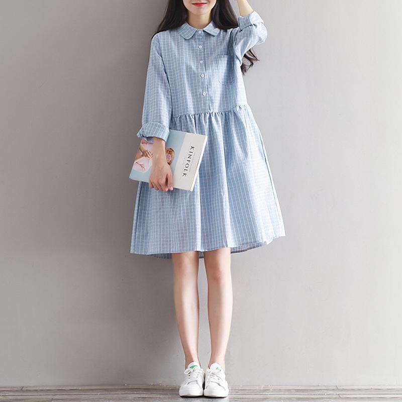 Mori Girl Spring Autumn Dresses Women Blue Plaid Vintage Vestidos Turn-Down Collar Cotton Linen Long Sleeve Casual Loose Dress alx