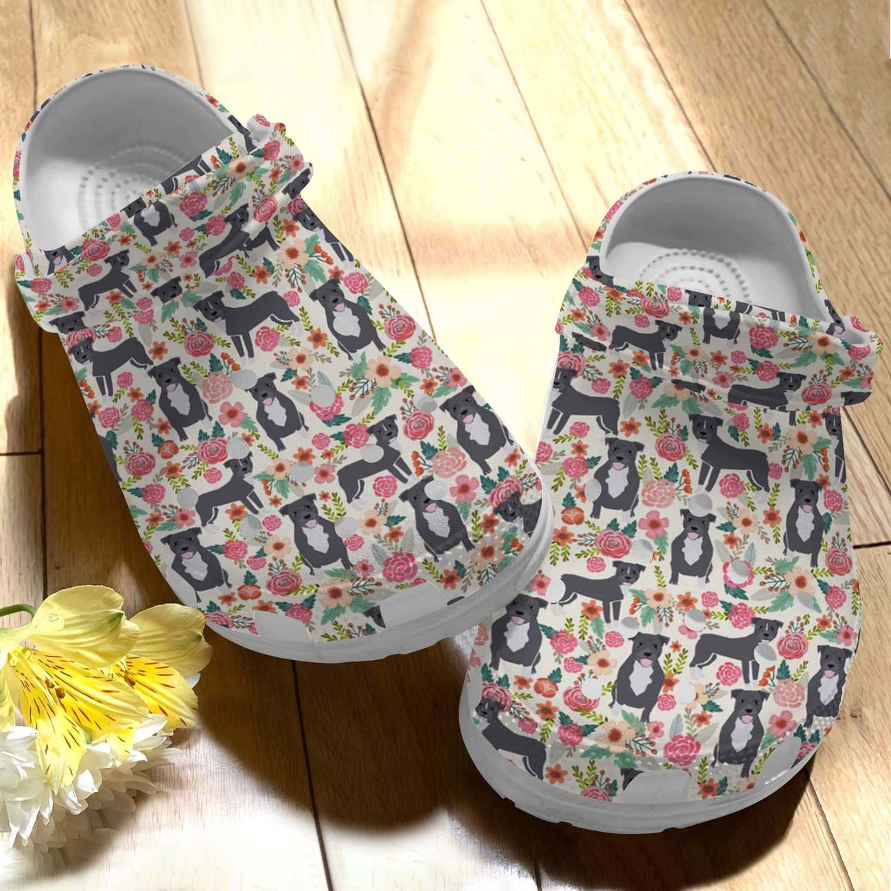 Pitbull Personalize Clog, Custom Name, Text, Fashion Style For Women, Men, Kid, Print 3D Whitesole Floral Dogs