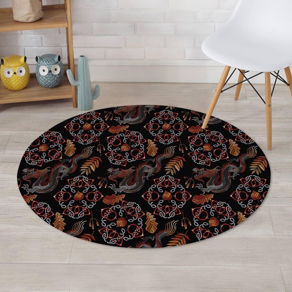 Embroidery Japanese Dragon Print Round Rug