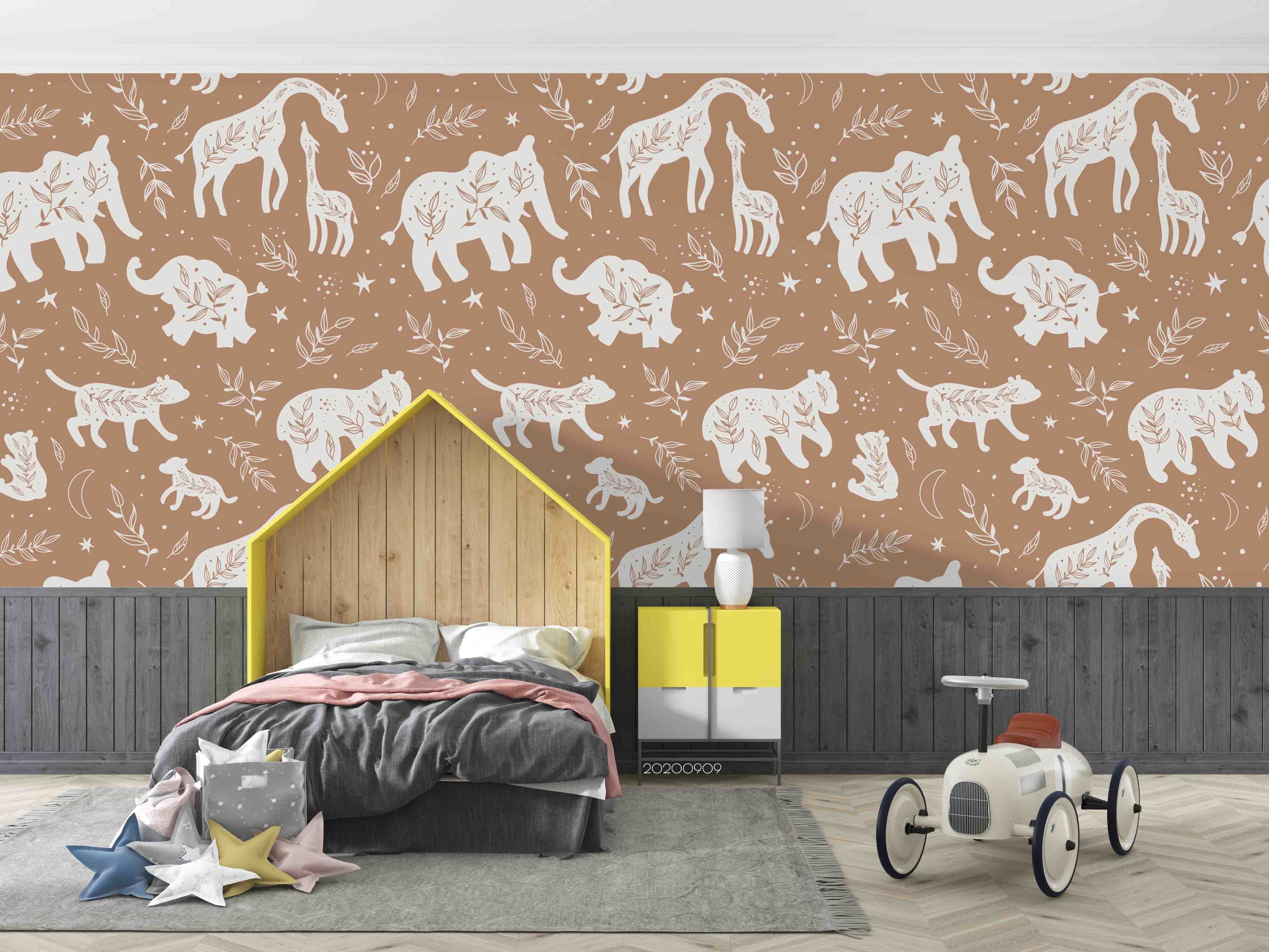 3D Plant Pattern Giraffe Bear Animal Wall Mural Wallpaper Lxl