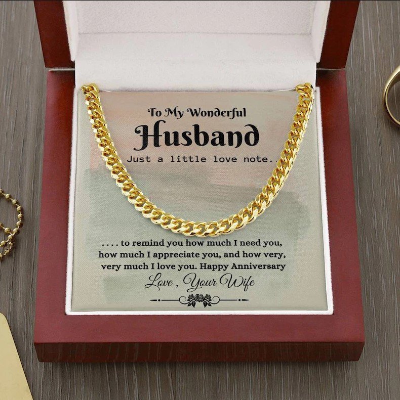 Valentines Day Gifts For Him, Cuban Link Chain Necklace For Husband, Little Love Note, Stainless Steel Gold Finish Box With Message Card