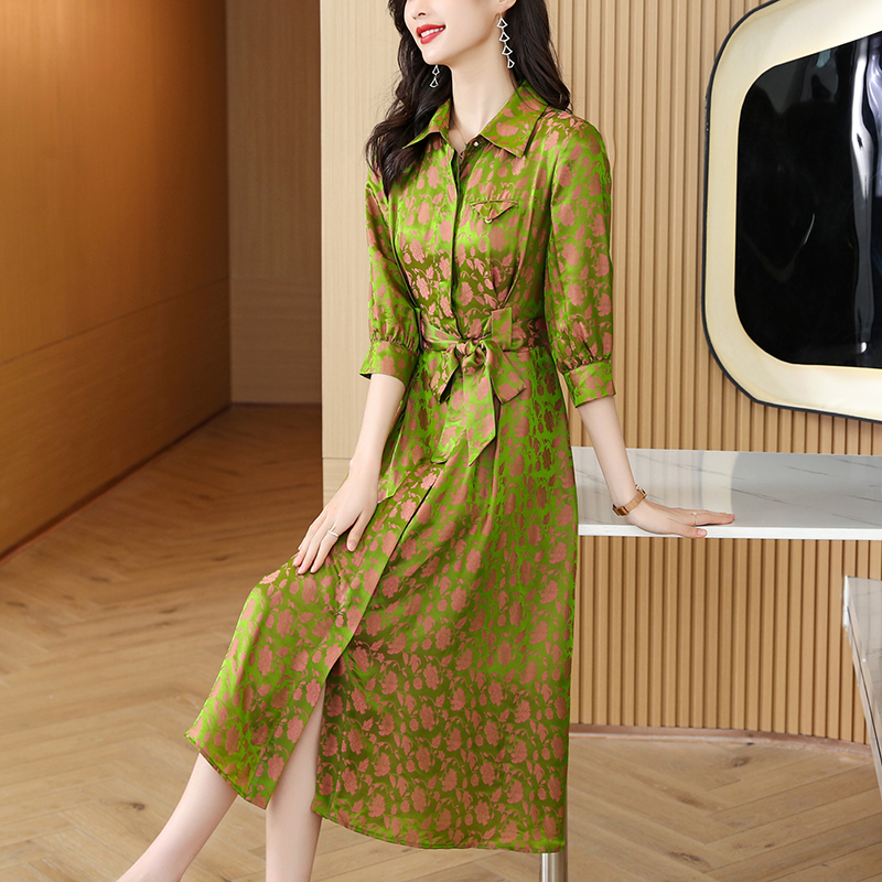 Spring 2022 Elegant Silk Shirt Dress Women Button Up Long Sleeve Tunic Dress Polo Collar Print Slim Fit Long Dress Slim Dress alx