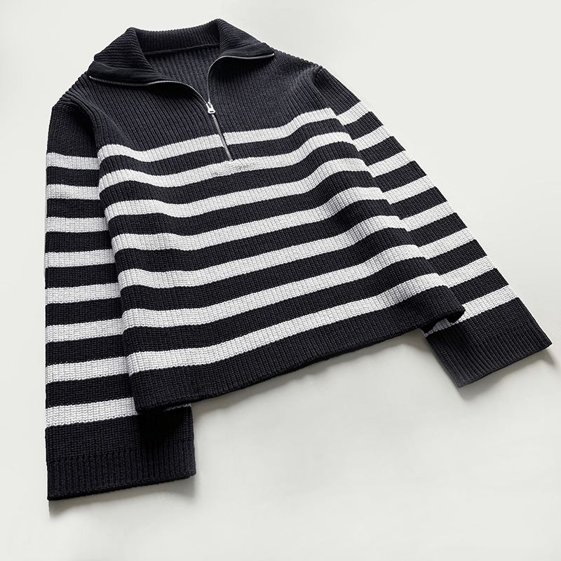 2022 Early Spring Zipper High Neck Loose Wide Sleeve Knit Striped Pullover Sweater alx