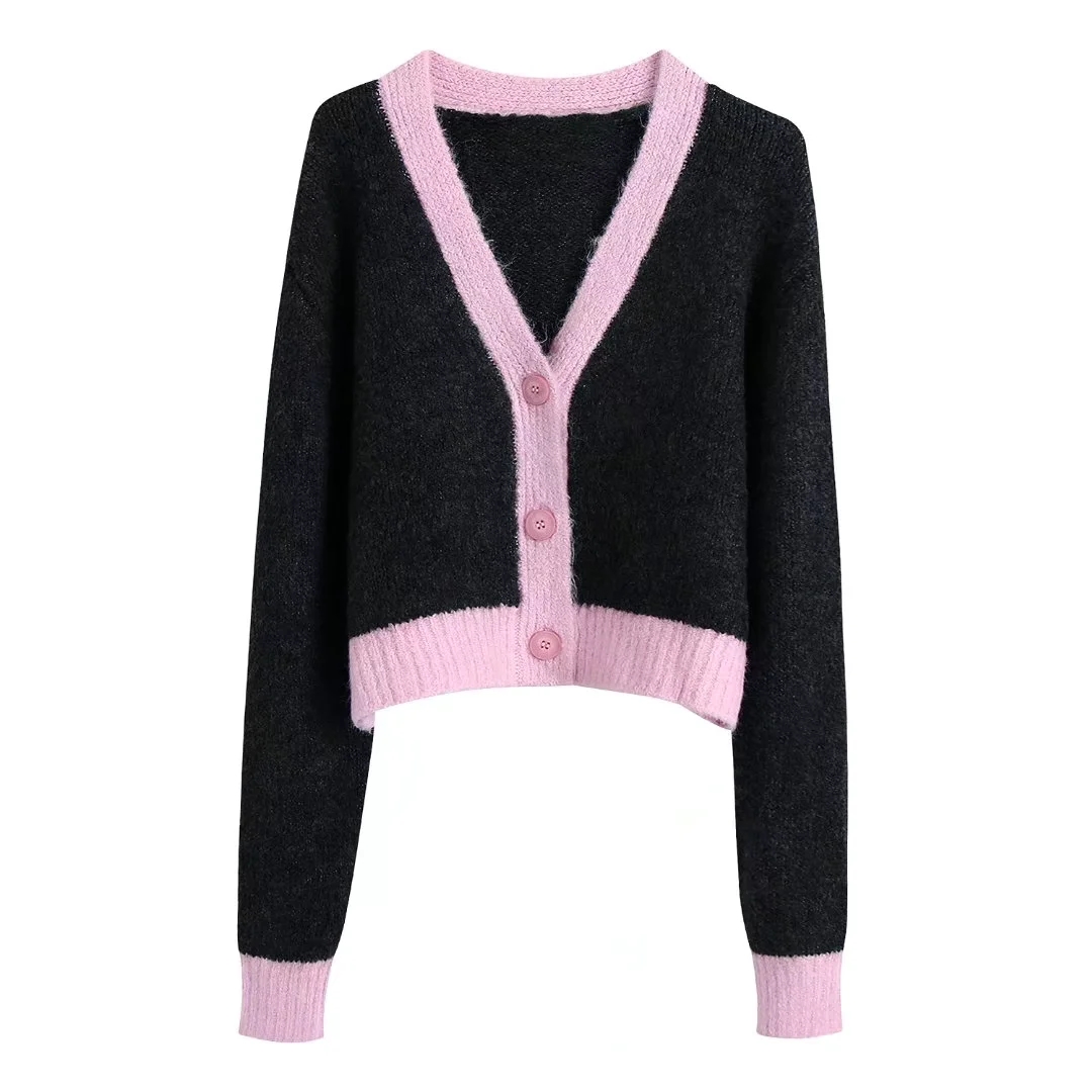 Xitimeao New Women’s Fashion V-neck Contrast Short Knitted Sweater Women’s Chic Breasted Cardigan Coat alx