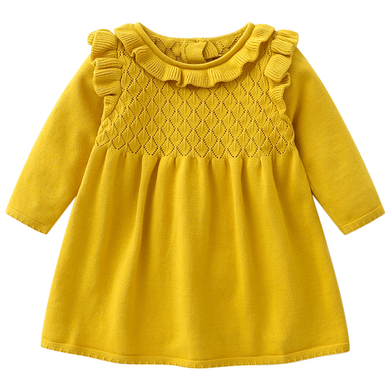 0-3Y Newborn Kids Baby Sweater Dress Baby Girls Autumn Winter Solid Long Sleeve Ruched Dresses Infant Knitting Pure Cotton Dress alx