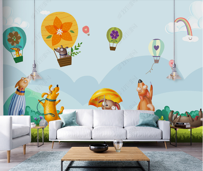 3D Cartoon Mountain Animal Hot Air Balloon Wall Mural Wallpaper Lqh 147